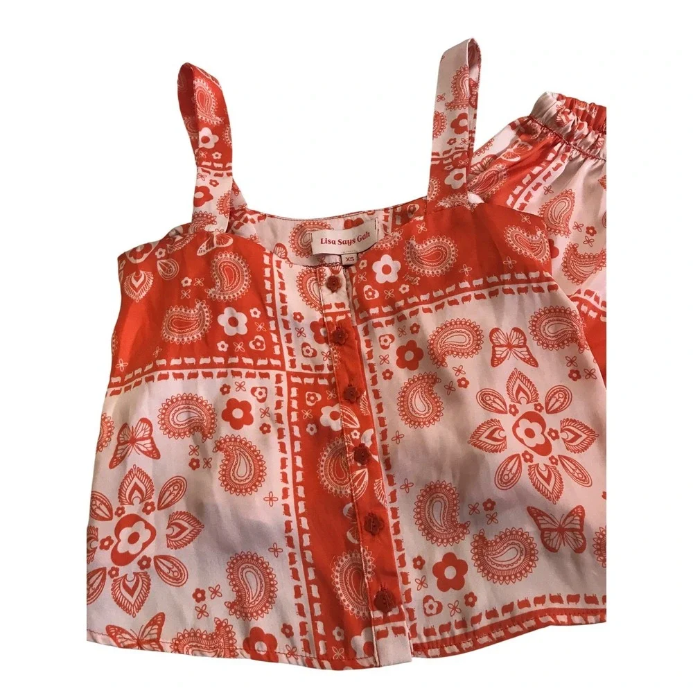 Lisa Says‎ Gah Bandana Print Two Piece Set Orange White Crop Top Shorts XS